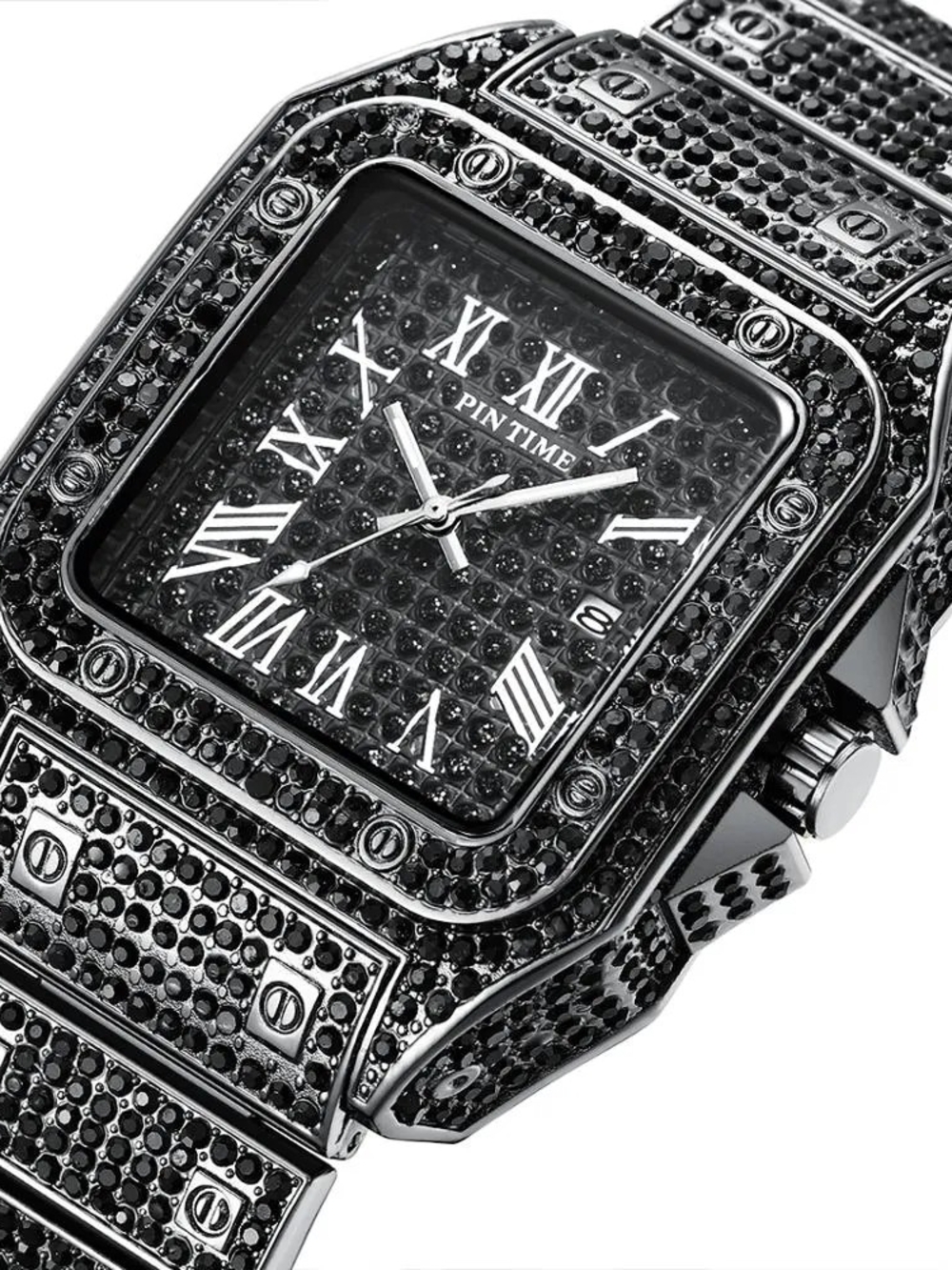 Pintime Black Crystal-Accented Square Men's Watch